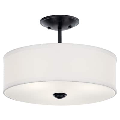 Kichler Lighting Shailene 14 in. Round 3-Light Black Drum Semi-Flush Mount Ceiling Light with White Microfiber Shade