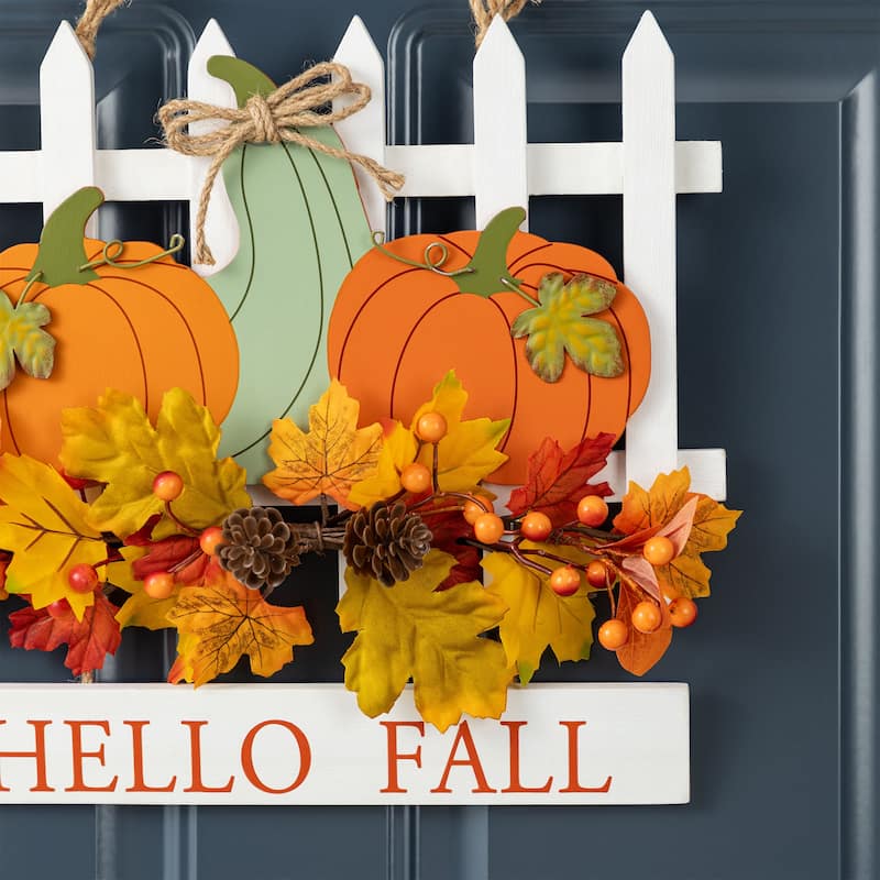 Glitzhome 15"D Hello Fall Wooden Pumpkins Word Sign with Floral Door Hanger