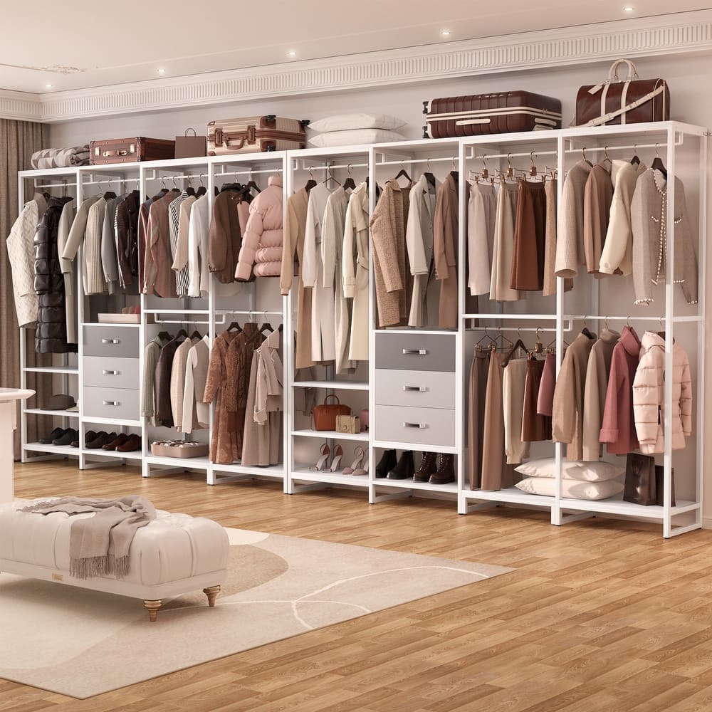 Rackcog 74-148'' W Closet System with 3 Wood Drawers and 11-Tier Storage Shelves,Multifunctional Walk-in Closet Organizer