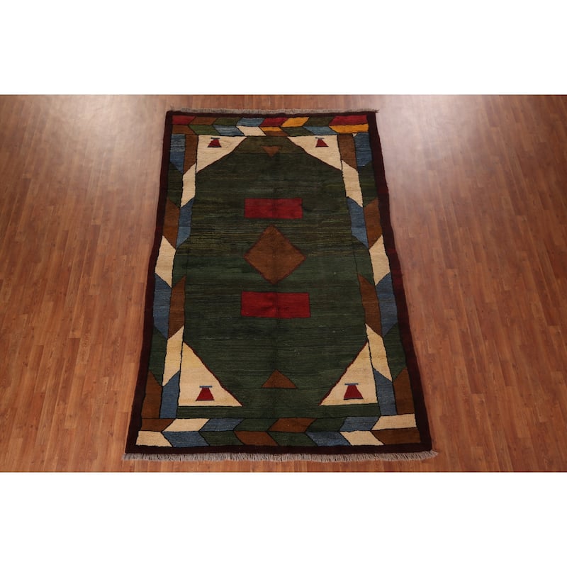 Green Geometric Gabbeh Persian Area Rug Hand-Knotted Wool Carpet - 6'5"x 10'2"