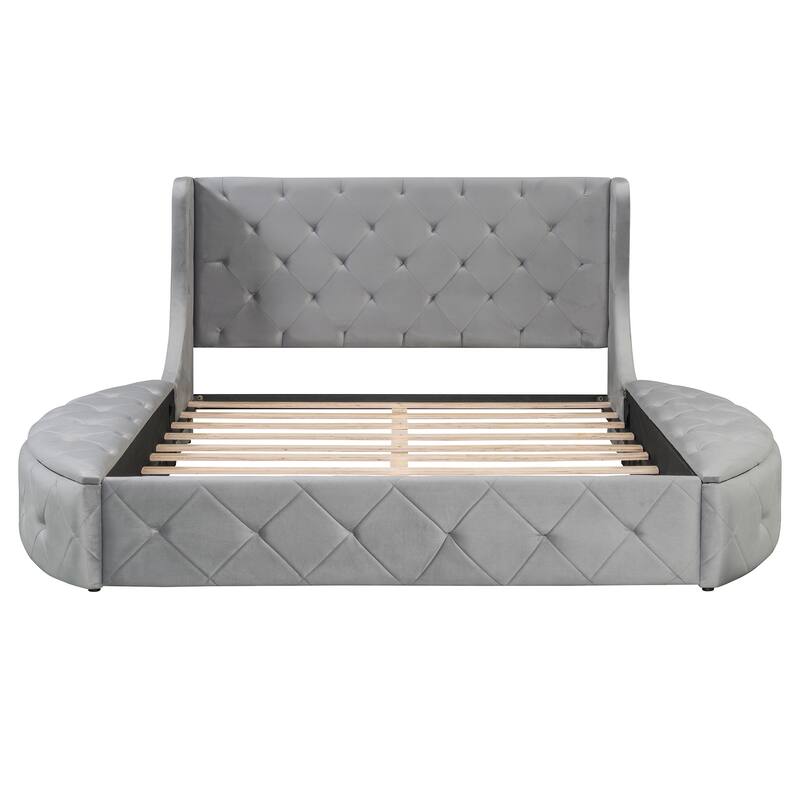 Roomfitters Queen Upholstered Platform Bed, Tufted Wingback Headboard, Velvet Frame, Storage Unit & Semicircular Stools