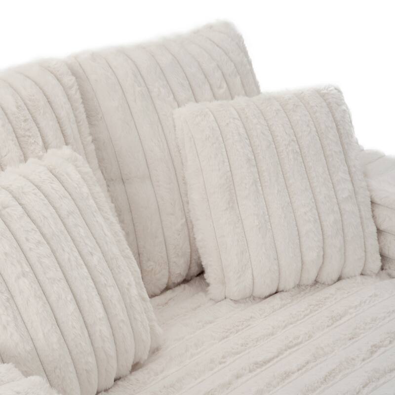 Modern Cream Faux Rabbit Fur Single Chaise Lounge with 2 Cup Holders, 2 Pillows & Solid Wood Frame, Cozy Daybed Sofa Chair