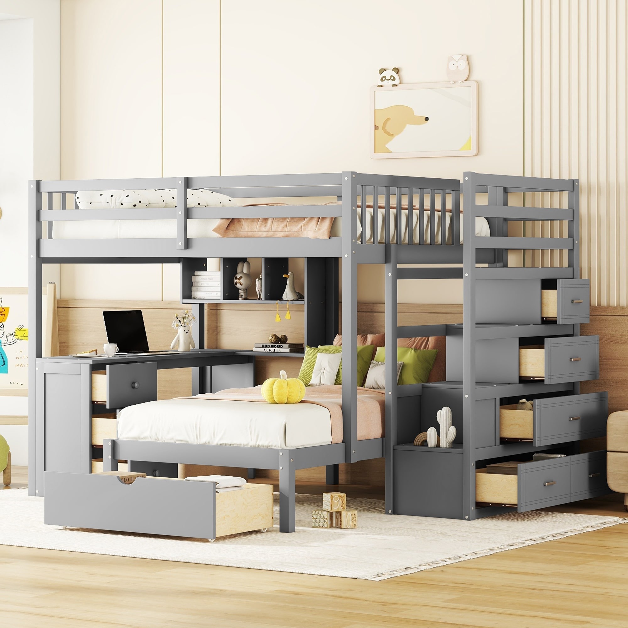 Full over Twin Size Solid Wood Bunk Bed with Desk, Drawers and Shelves