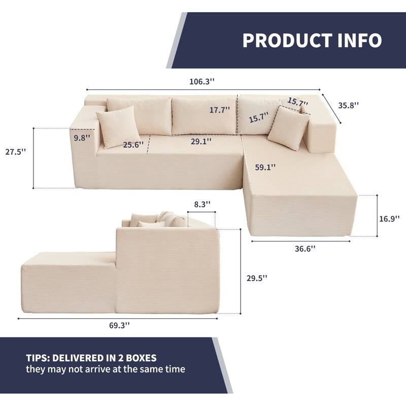 Mixoy W106'' Modern 2-Piece Free Combination Corduroy Upholstered L-Shaped Modular Sectional Sofa with Right Chaise and Pillow
