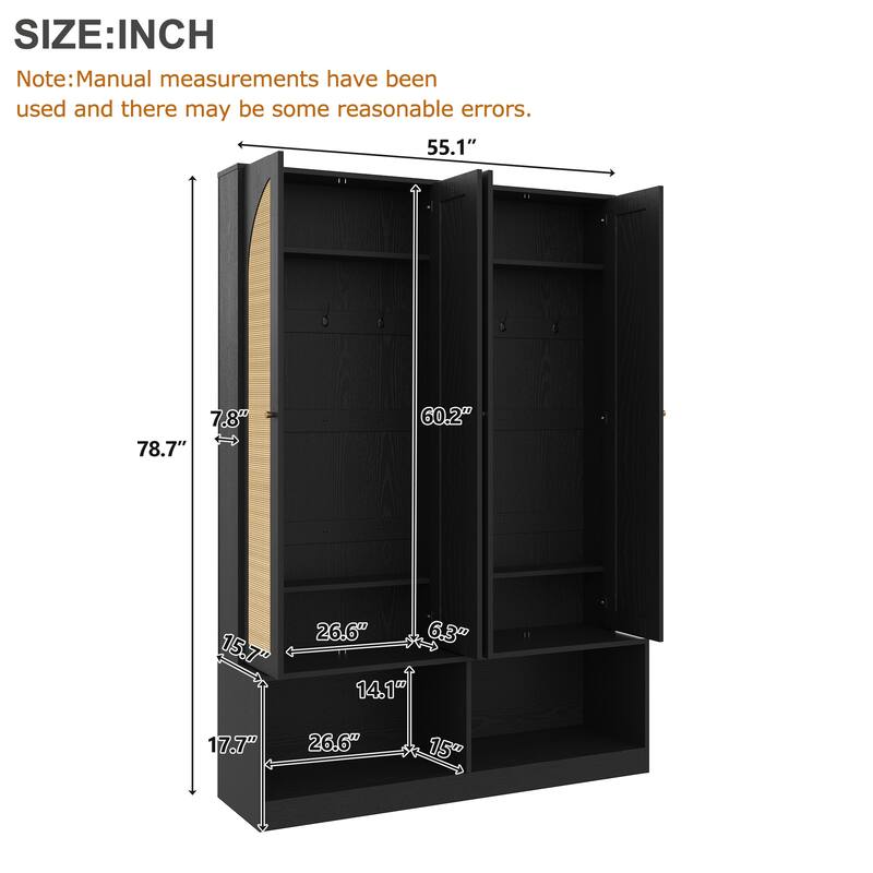 Farmhouse Widen Hall Tree With 4 Rattan Doors, Versatile 4-In-1 Seating Bench With 6 Hooks,Shoe Cabinet With Adjustable Shelf