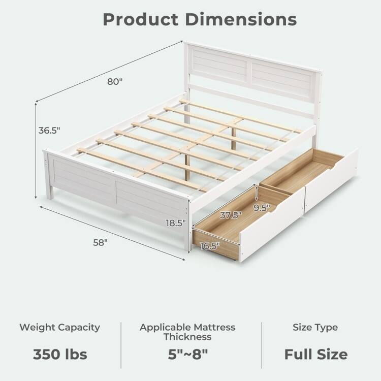 Full Size Platform Bed with 2 Storage Drawers Coastal Modern Wooden Slatted Frame