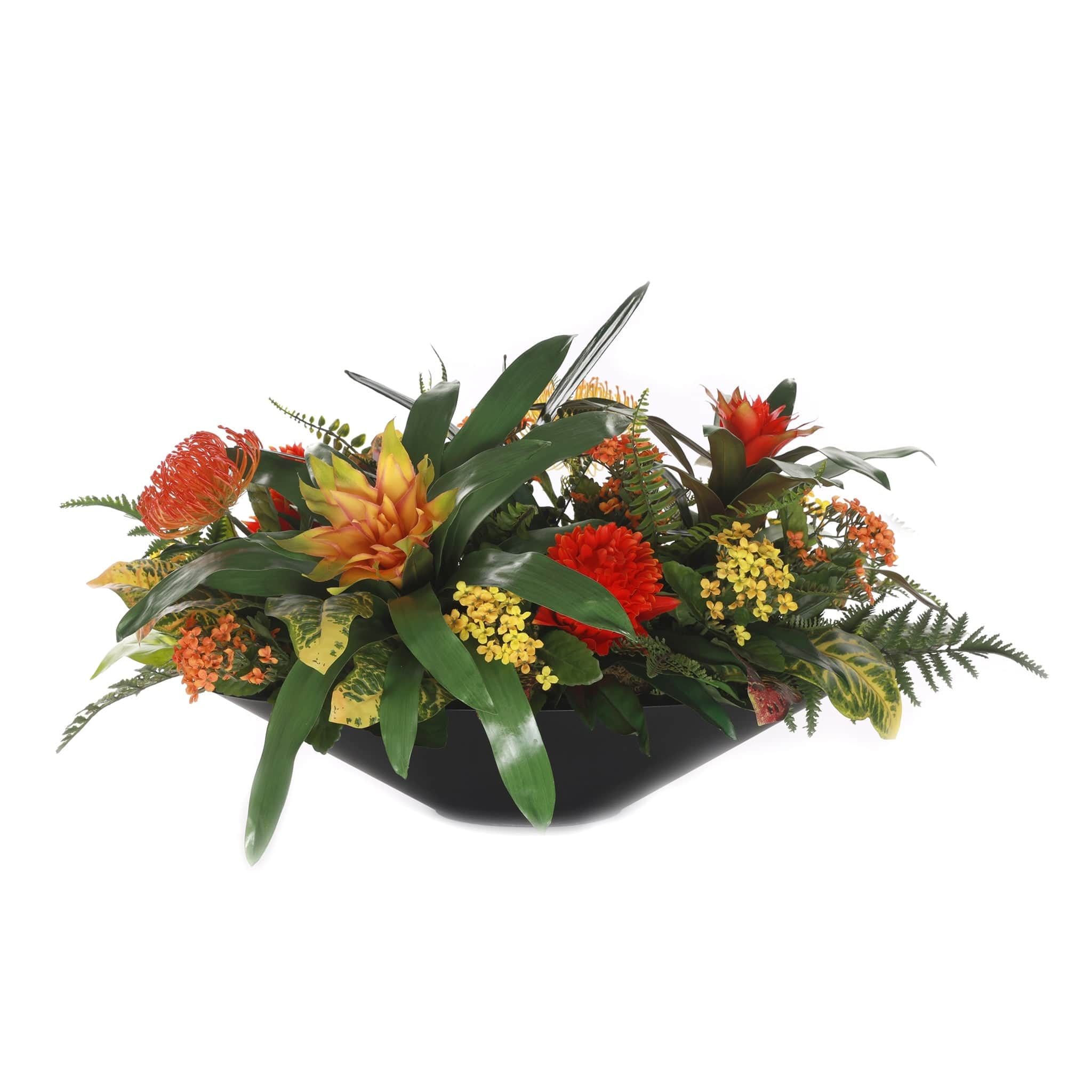 Bromeliad Tropical Flowers Arrangement In Oval Zinc Pot - Red,Yellow ...
