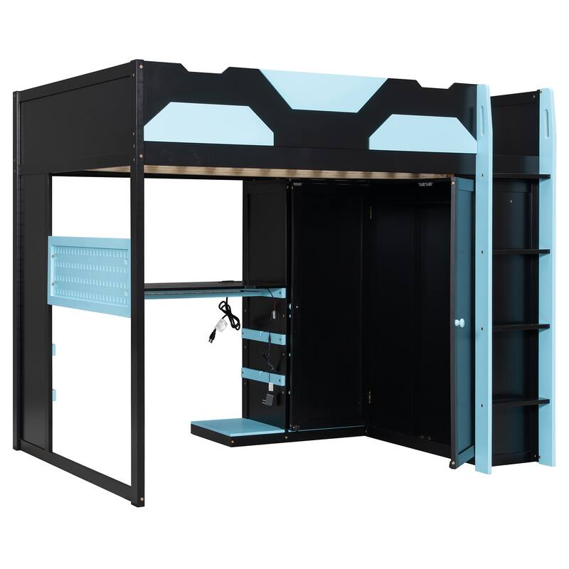 Full Size Wood Loft Bed with Desk - Multi-Storage Shelves, USB & RGB Light, Study Loft Bed