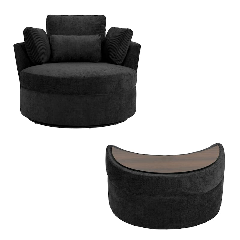 Upholstered Swivel Accent Chair with Wooden Tray Storage Ottoman