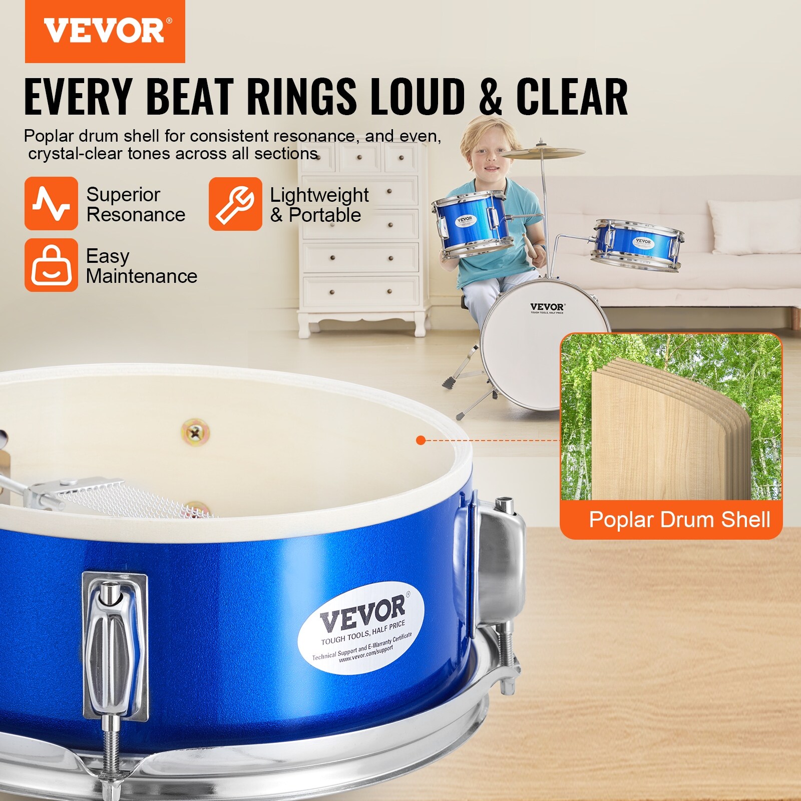 VEVOR Kids Drum Set, 3-Piece, 14 in Beginner Drum Set Starter Drum