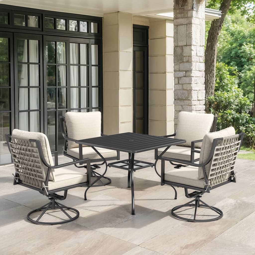 Komodo 5-Piece Outdoor Dining Set with 37-Inch Square Metal Table and 4 Chairs (Beige Cushions)