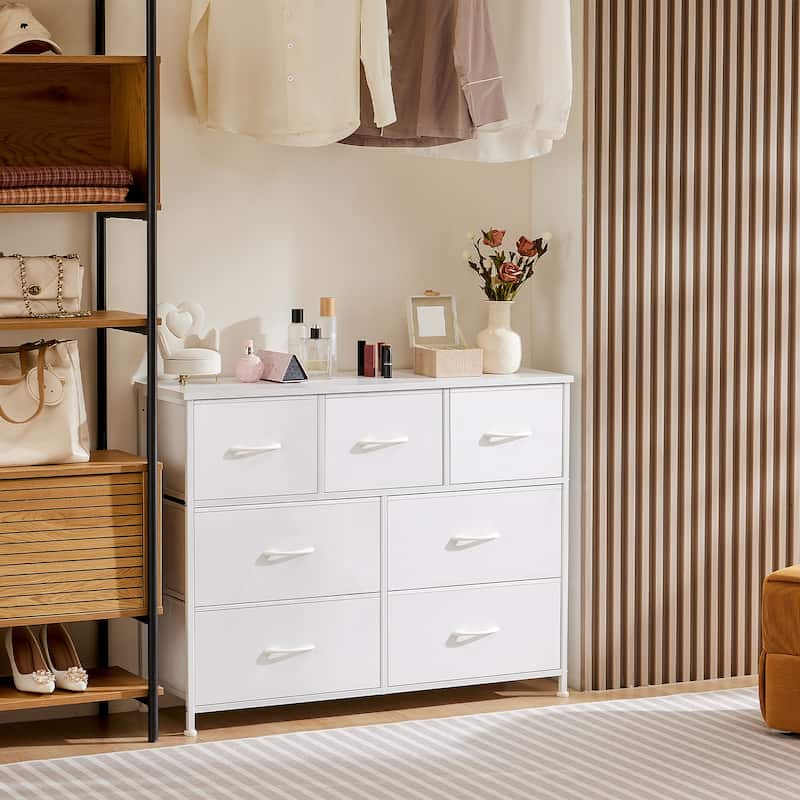 Tall Dresser Storage Tower with 7 Fabric Drawers - White