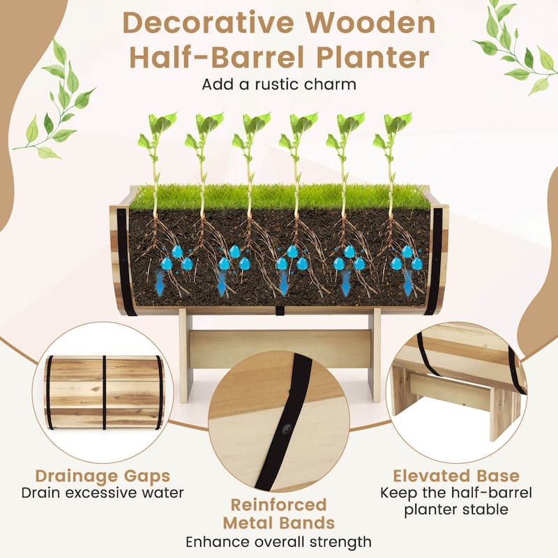 Costway 1/2 PCS Outdoor Wooden Planter Solid Acacia Wood Half-Barrel - Natural