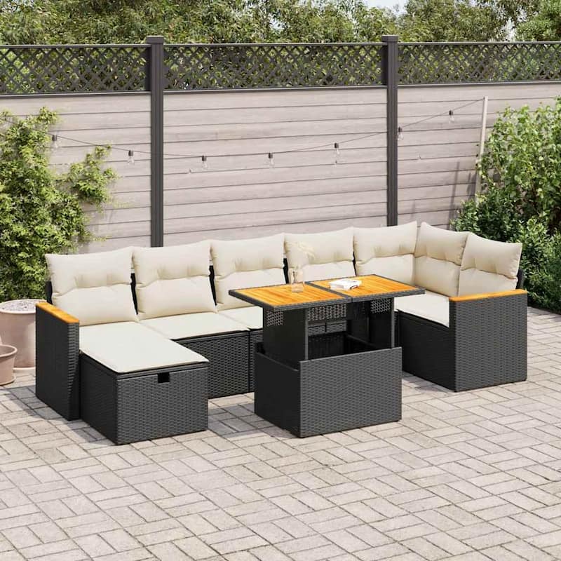 vidaXL Patio Sofa Set with Cushions Outdoor Conversation Furniture Poly Rattan - Black and Cream-with storage - 113.8 x 69.7 x 33.5