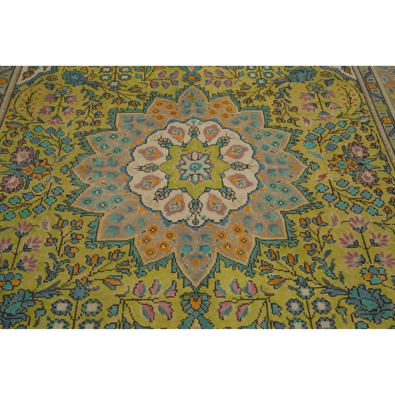 Hand Knotted Oriental 100% Wool Carpet Traditional Floral Green Tabriz Area Rug - 8' 11'' X 6' 4''