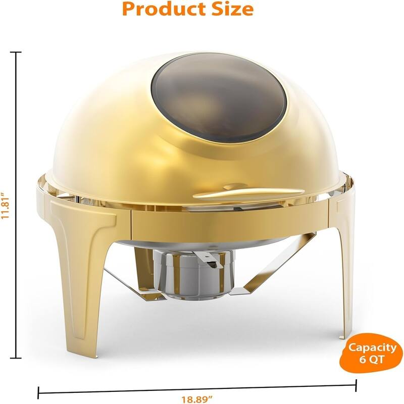 6.3 QT Round Roll - Top Chafing Dish Buffet Kit In Gold with a Transparent Glass Panel - 6L