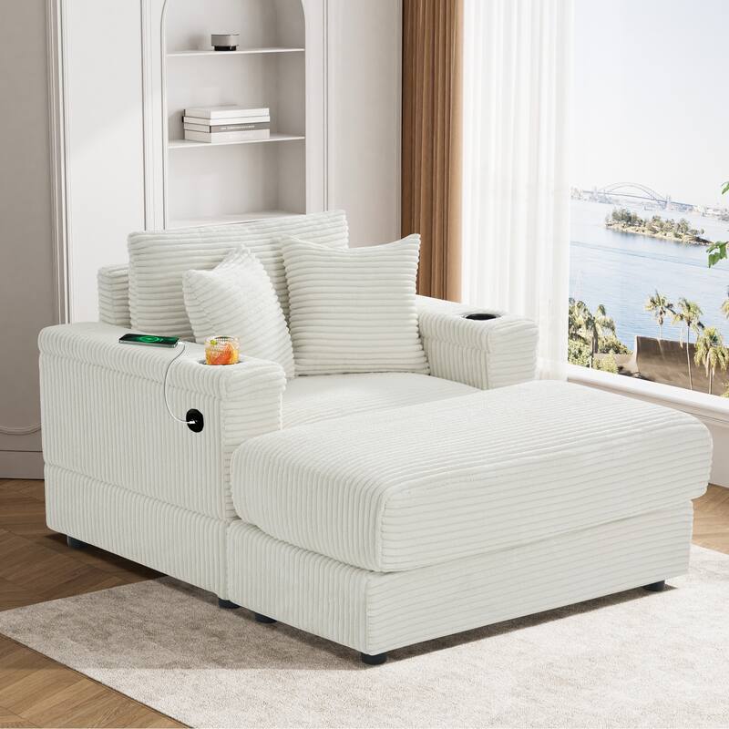 Ouyessir Upholstered Deep Seat Single Sofa with Ottoman for Living Room - Single - Beige