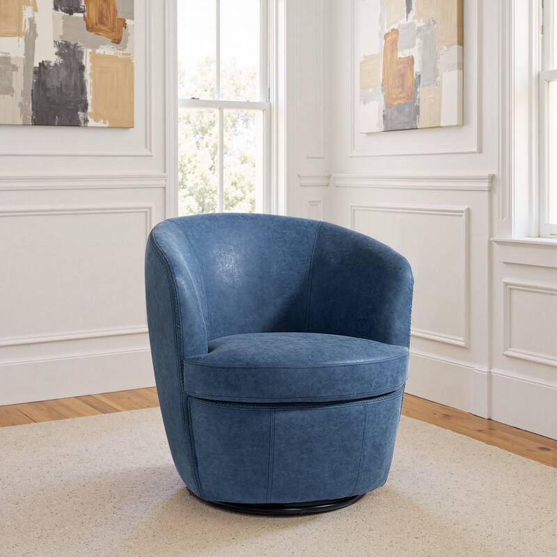 Modern Swivel Leather Accent Chair Upholstered Barrel Chair - Navy Blue