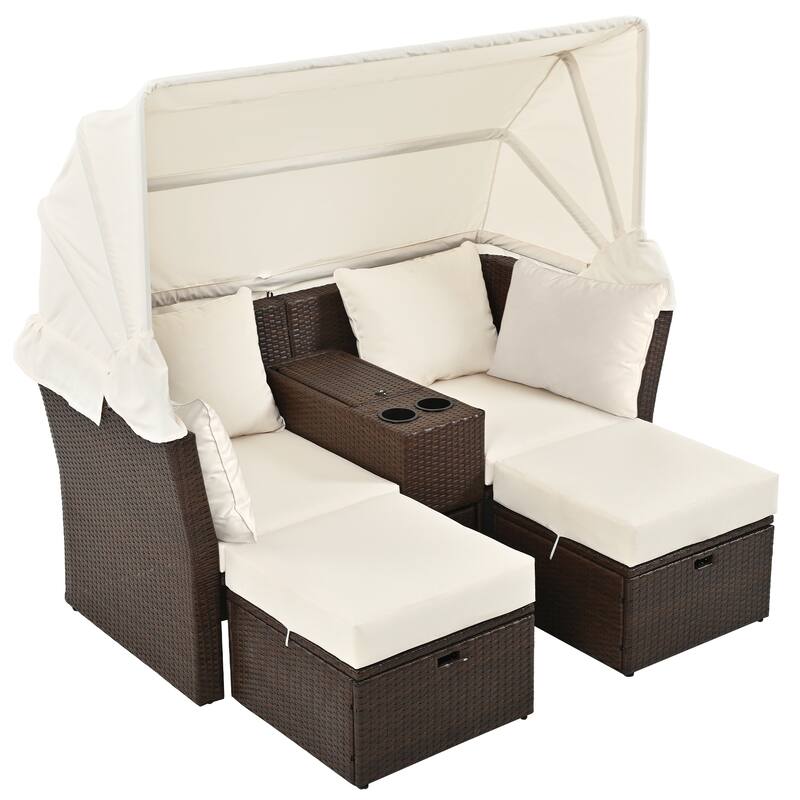 Outdoor Convertible Daybed Loveseat Sofa Set with Canopy & Console
