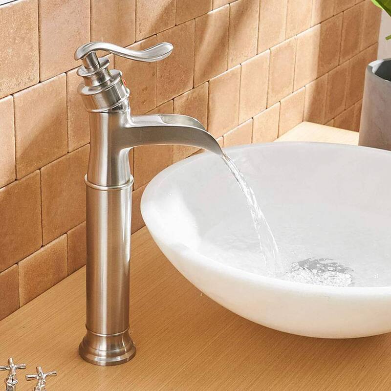 Waterfall Bathroom Vessel Faucet With Drain Assembly Single Handle Bathroon Vessel Sink Faucets One Hole Basin Vanity High Taps - Brushed Nickel