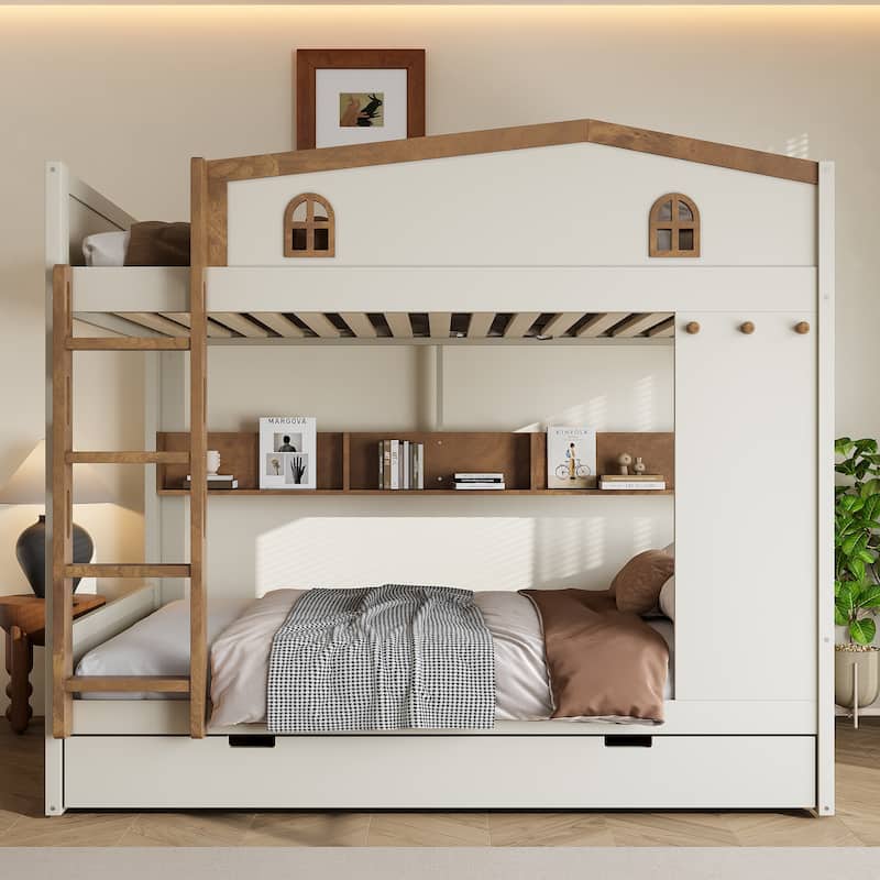 House-shaped Bunk Bed with Hooks, Storage Shelves, Safety Guardrails and Optional with Underbed Drawers or Trundle Bed