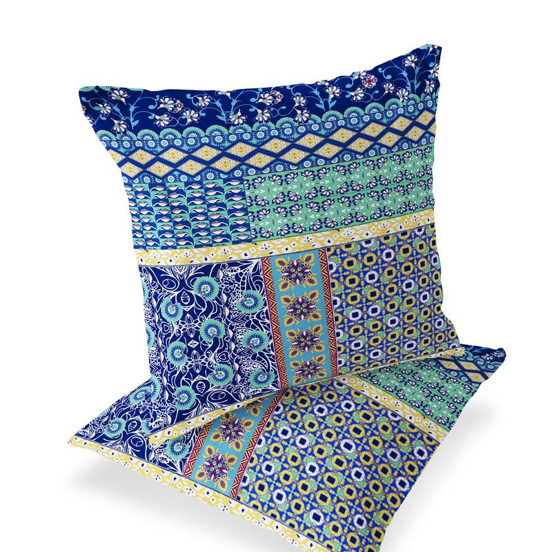HomeRoots Set of Two 16" X 16" Blue and Yellow Blown Seam Floral Indoor Outdoor Throw Pillows - 16.00' X '16.00' X '5.00
