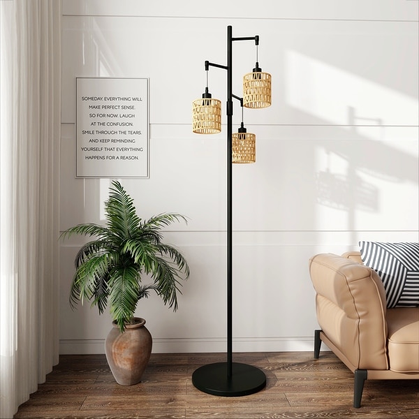 3 Light Rattan Standing Tall Lamp Vintage Floor Lamps Non dimmable Black