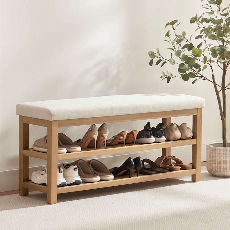 HUIMO Multi-Functional Solid Wood Bench with Storage Shelves 46in