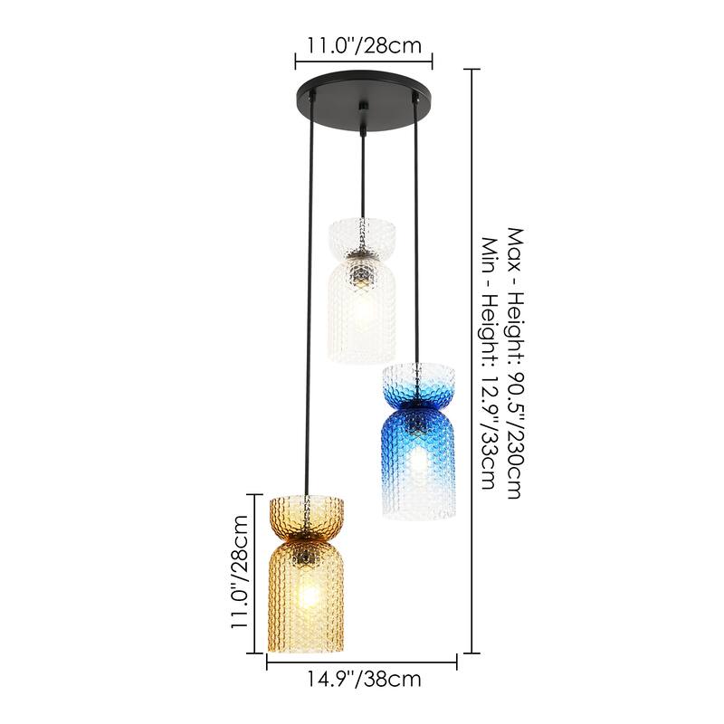 1/3-Light Modern Glam Bell-Shaped Adjustable Island Pendant Light with Clear/Blue/Amber Textured Glass