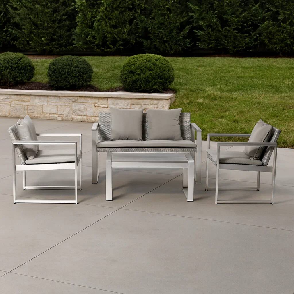 Lark 4 Piece Outdoor Sofa Set, All Weather Rattan, Gray Fabric Cushions