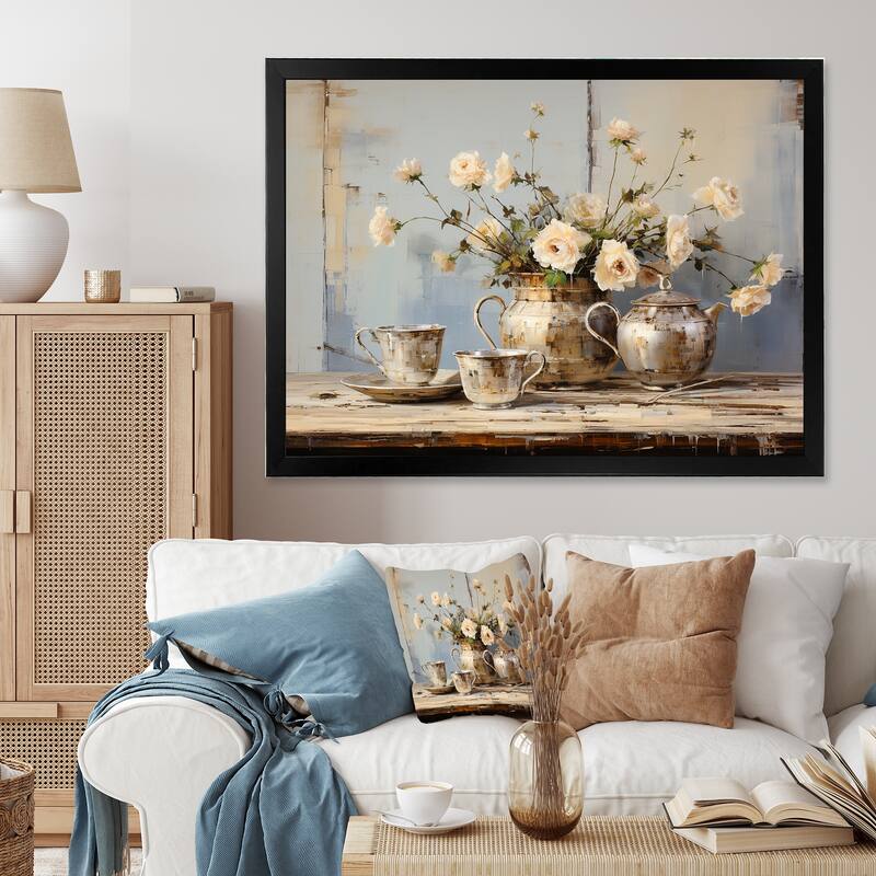 Designart "Food Coffee Tea II" Floral Framed Wall Art Living Room - 32 in. wide x 16 in. high - Black