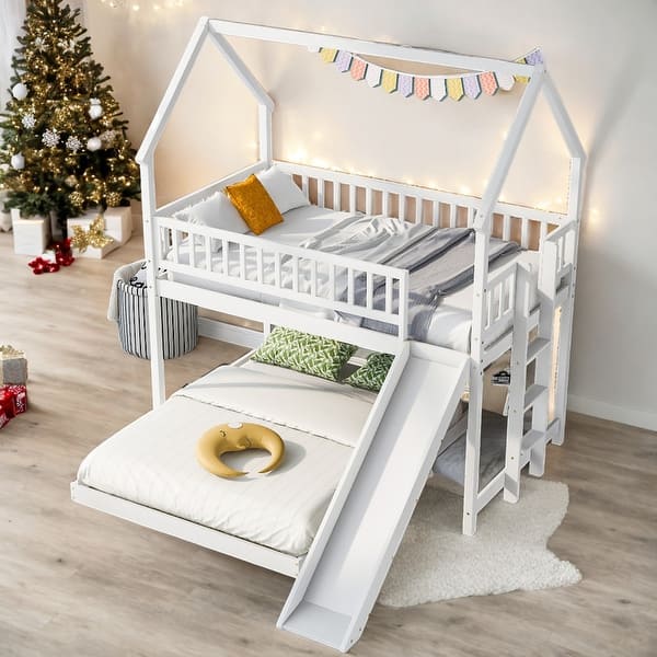 slide 2 of 27, Twin Over Full Bunk Bed With Slide,Built-in Ladder,Guardrail for Home White