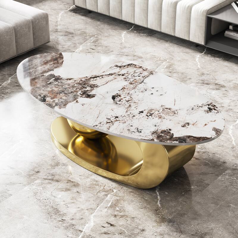 51 Inches Oval Faux Marble Coffee Table For Living Room With Stainless Steel Base