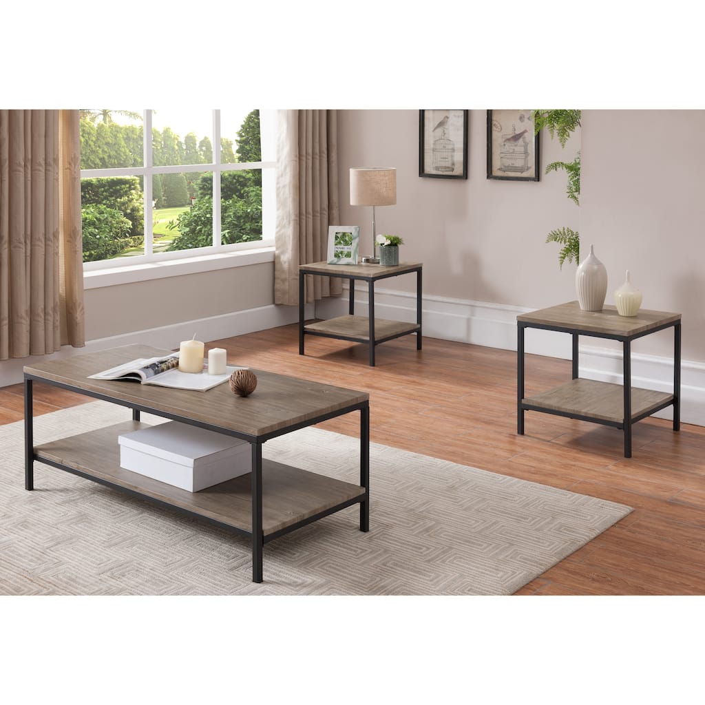 3 Piece Gray Finish Wood/Black Metal Frame Occasional Table Set, Coffee Table & 2