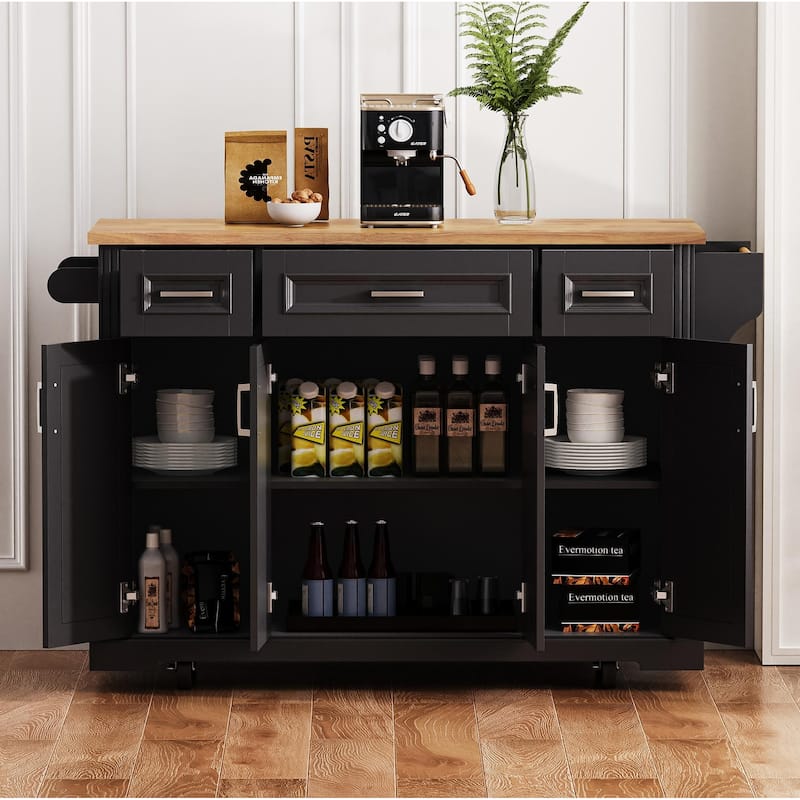54" Large Rolling Kitchen Island with Rubber Wood Drop Leaf - Embossed Texture Storage Cart with 4 Doors & 3 Drawers for Kitchen