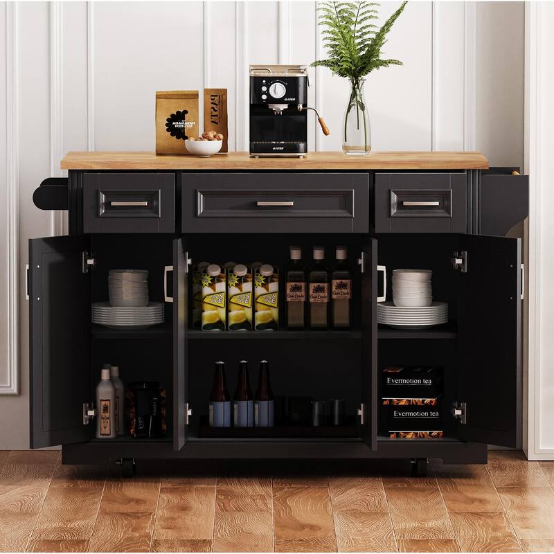 Modern Large Kitchen Island with Folding Board 3 Drawers, 4 Doors, Spice Rack and Towel Rack, for Kitchen