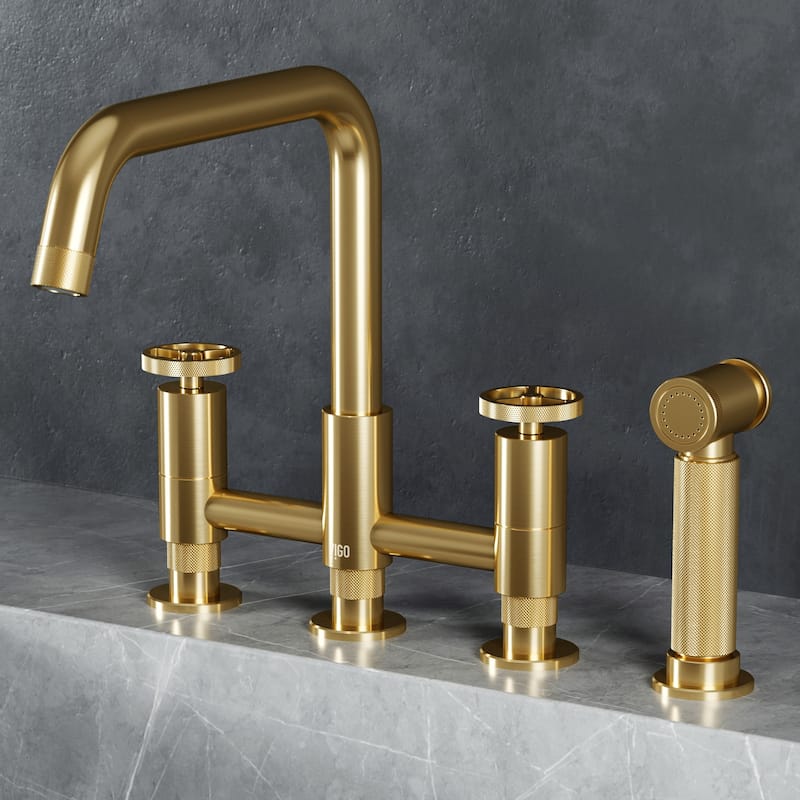 VIGO Cass 12" H 2-Handle Widespread Bridge Pull-Out Sprayer Kitchen Faucet - Matte Brushed Gold