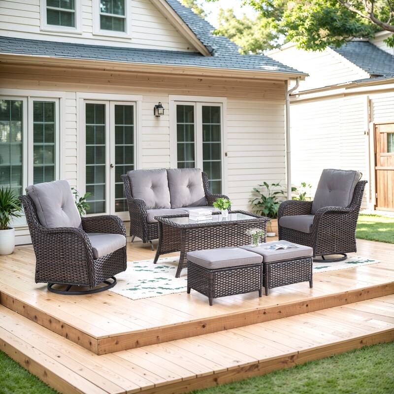 Patio Loveseat Rattan Glider Sofa Swivel Chair with Ottoman - Grey - Brown