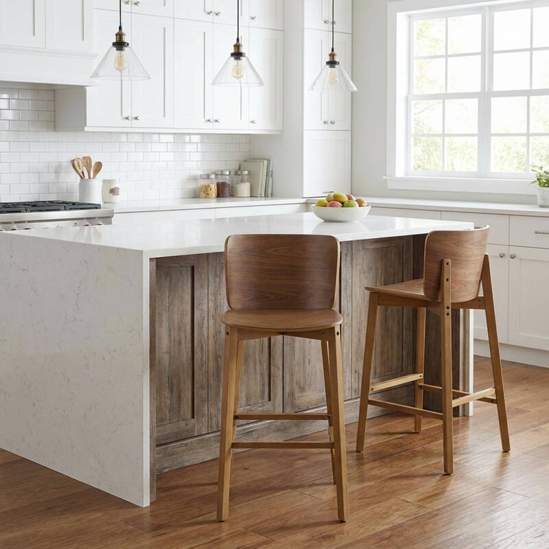 Roomfitters Pari Indoor Wooden Barstools with Curved Plywood Backrest, Walnut Finish Set of 2 - Set of 2 - Walnut