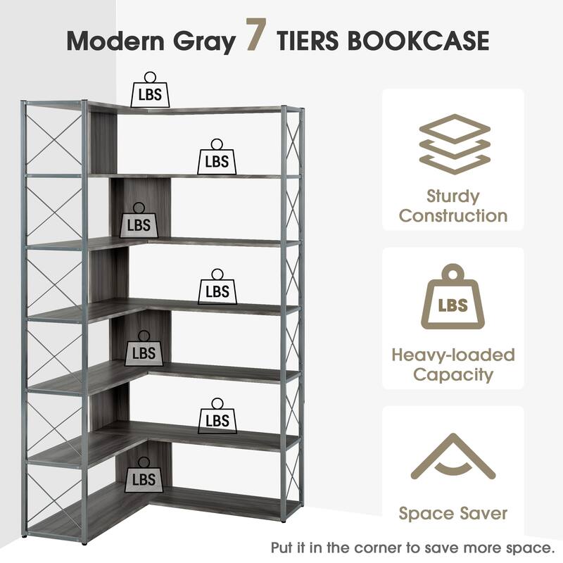 7-Tier Bookcase Home Office Bookshelf, L-Shaped Corner Bookcase with Metal Frame