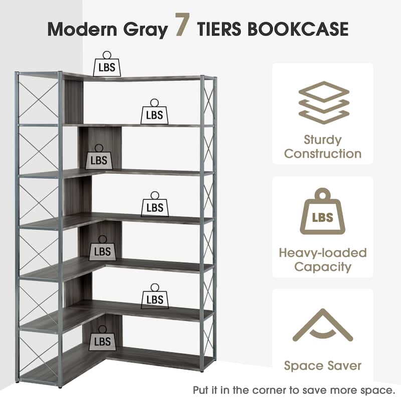 Industrial 7-Tier L-Shaped Corner Bookcase Home Office Bookshelf