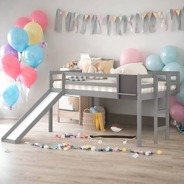 slide 2 of 13, Twin Size Loft Bed Wood Bed With Slide, Stair And Chalkboard,Novel Design Loft Bed With Convertible Built-In Ladder And Slide Gray