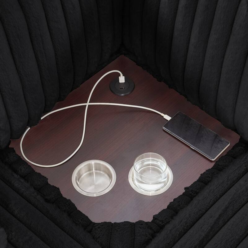 110" U-shaped Corduroy Sectional Sofa, Corner Coffee Table with USB port, Pull-out Bed