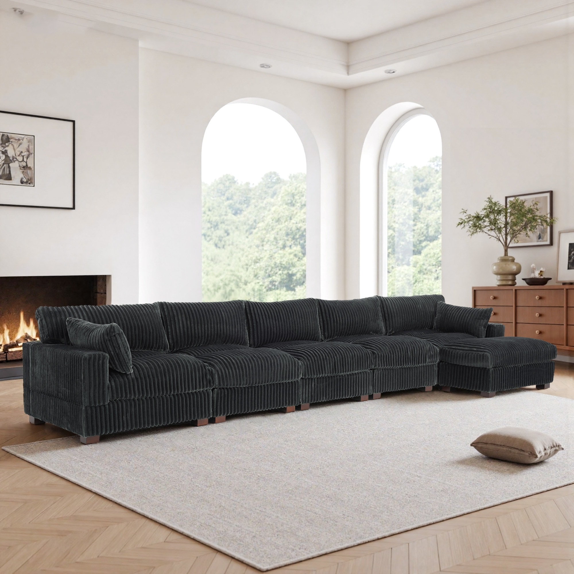 Modern Plush Corduroy Fabric Modular Sectional Sofa with Ottoman