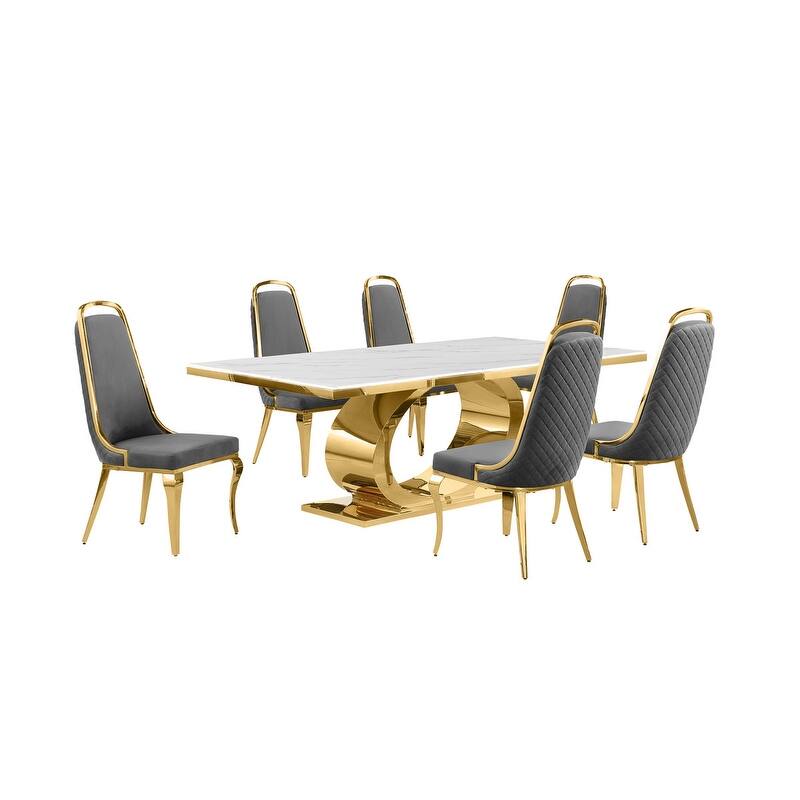 Best Quality Furniture D432/3-SC310-7 Dining Set with 87" White Marble Top