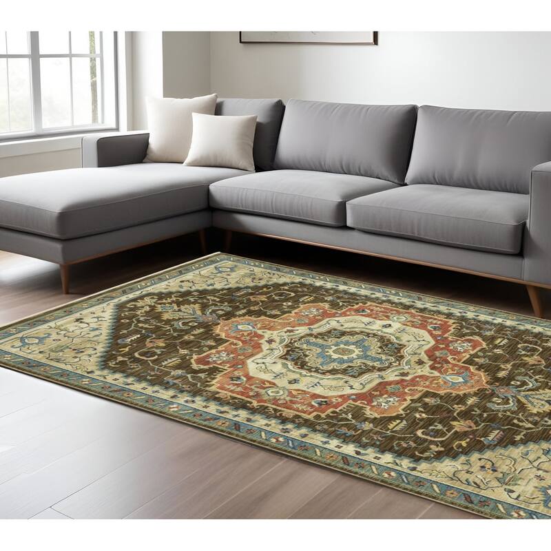 HomeRootsOriental Traditional Rectangle Area Rug - 155.12' X '118.11' X '0.32 - Brown/Orange