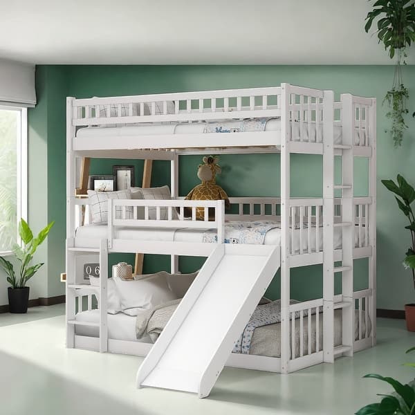 slide 2 of 33, Full-Over-Full-Over-Full Triple Bunk Bed with Ladder and Slide White