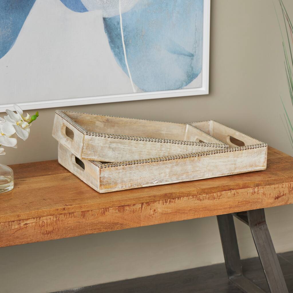 Light Brown Mango Wood Living Room Decor Tray with Silver Beaded Rim (Set of 2)