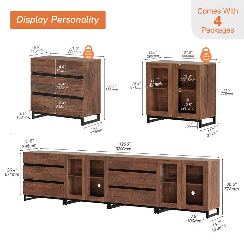 4 in 1 Modern Dresser with Glass Doors and 6 Drawers,Storage Cabinet with Adjustable Shelves, Chest of Drawers