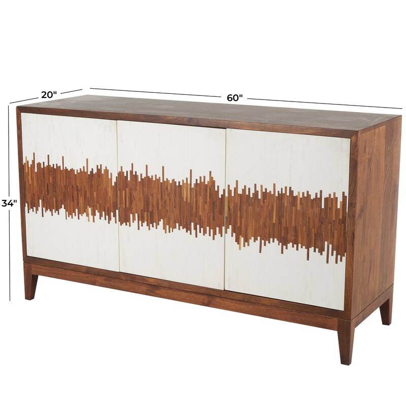 Brown or Black Mango Wood 3 Door and 3 Shelf Abstract Media Credenza Sideboard with White Front and Striped Pattern